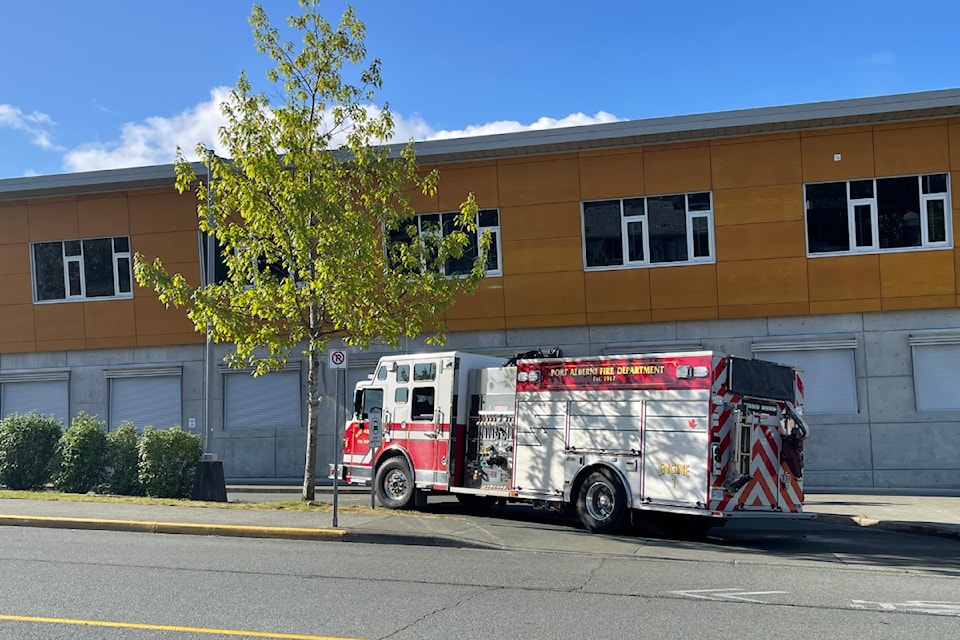 A Port Alberni Fire Department truck is parked in front of Alberni District Secondary School on Thursday, May 8, 2025 after a fire broke out inside the school. (SUSIE QUINN/ Alberni Valley News)