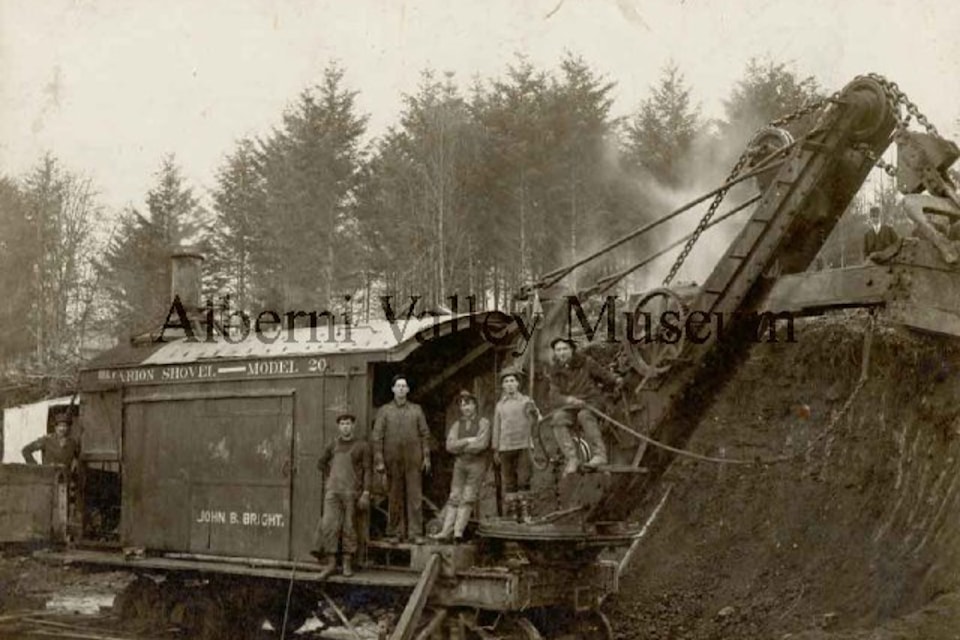 This photo, taken circa 1910, shows the Marion shovel Model 20 steam shovel building the E&N extension railroad bed in Port Alberni. Men are identified as Sam Parkes (engineer), Joe Proessel (craneman), Pete (fireman), Tom Robinson and Barney Salmon (pitmen). To view more than 24,000 historical Port Alberni photos, visit the Alberni Valley Museum’s online photo archives at portalberni.pastperfectonline.com. (PHOTO PN15775 COURTESY ALBERNI VALLEY MUSEUM)