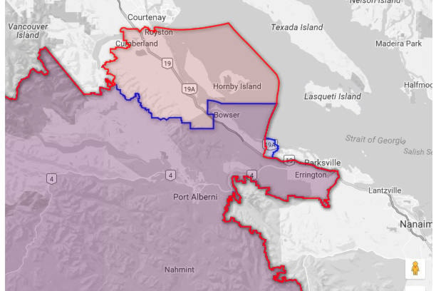 A comparison between the Alberni-Pacific Rim riding boundaries (in blue) and the Mid Island-Pacific Rim riding boundaries (in red). Screenshot