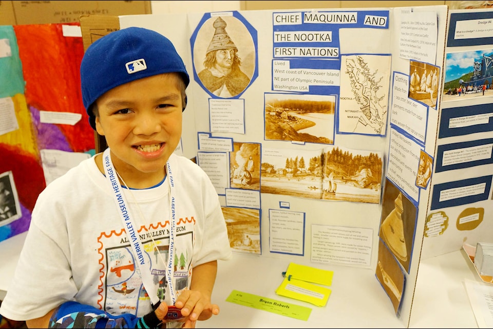 Bryon Roberts, Grade 5 Maquinna Elementary School Student, shows his presentation on Chief Maquinna and Nootka First Nations for the Alberni Valley Museum Heritage Fair on Friday, May 5. Karly Blats photo