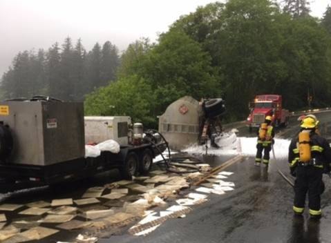 The Ucluelet Volunteer Fire Brigade stabilized fuel spill on 33 km east of Ucluelet on Highway 4 adjacent to Kennedy Lake. PHOTO CREDIT: Ucluelet Volunteer Fire Brigade