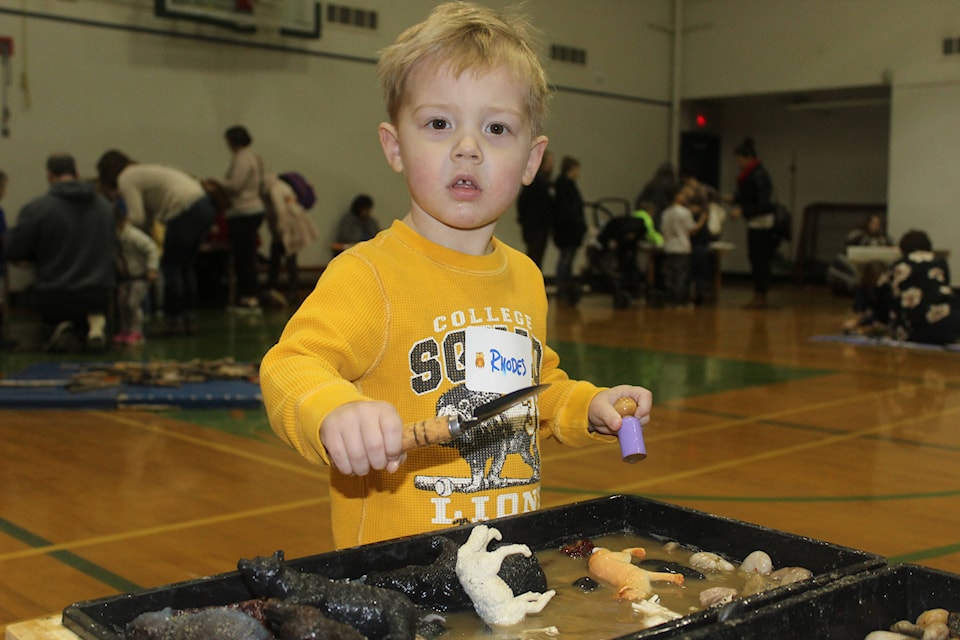 Rhodes Vliegenthart, age two, had fun playing with treasures that were in water. SONJA DRINKWATER / ALBERNI VALLEY NEWS