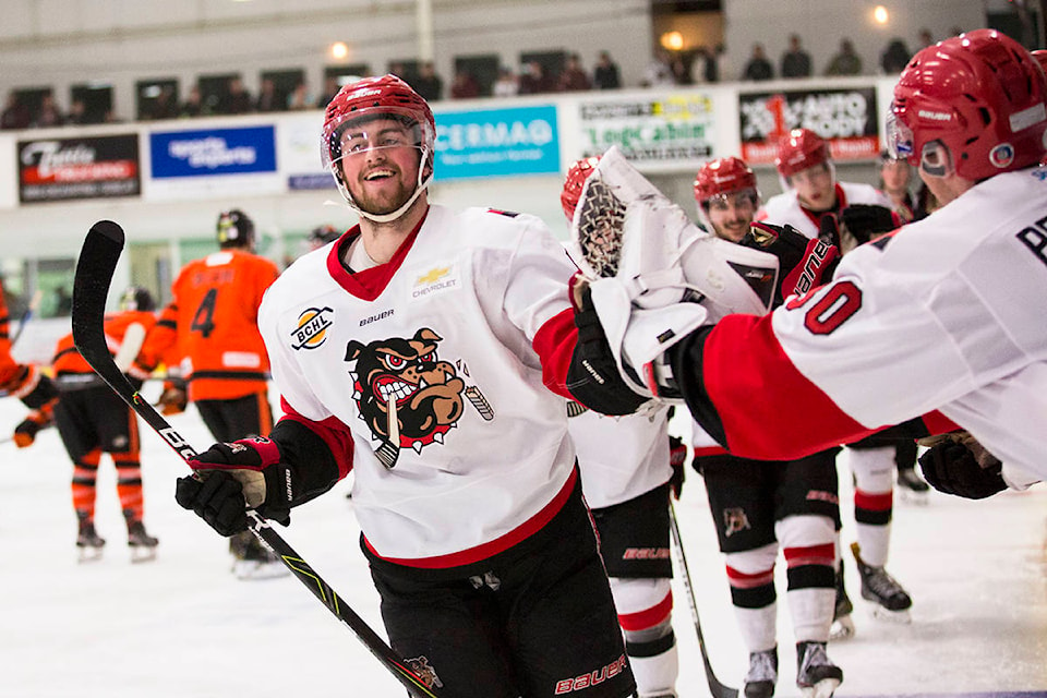 The Bulldogs celebrate a goal during BCHL regular season action at the Rod Brind’Amour Arena in Campbell River, B.C. The Alberni Valley Bulldogs, who are without a home arena due to an ammonia leak, hosted the Trail Smoke Eaters in Campbell River on Nov. 17. The Bulldogs won 5-2. Photo by Marissa Tiel/Campbell River Mirror