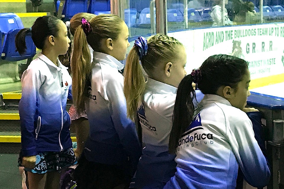 Members of the Juan de Fuca Skating Club watch the Star 4 Girls Under 10 competition at the 2020 Vancouver Island Region Skating Championships on Friday, Feb. 7 at the Alberni Valley Multiplex. (SUSAN QUINN/ Alberni Valley News)
