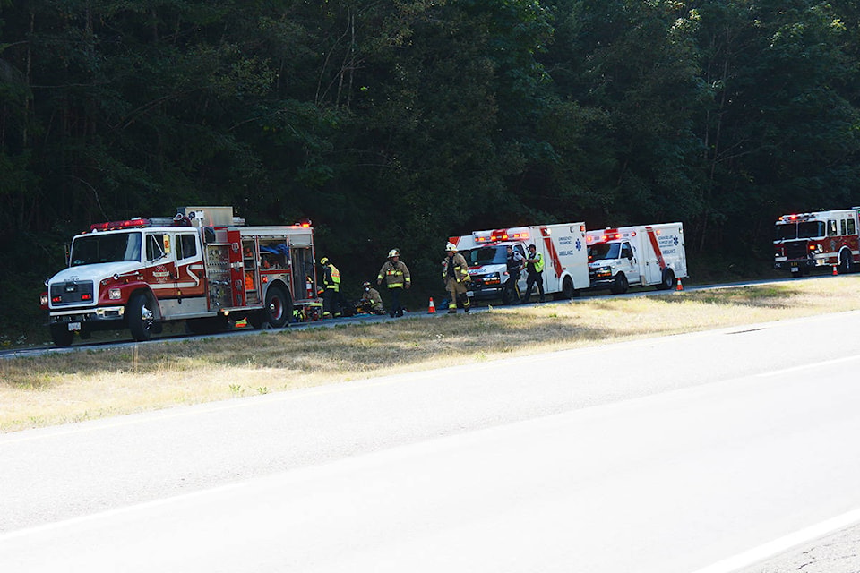 Emergency crews were on scene on the highway near Parksville after an auto accident on Monday, Aug. 17, 2020. (Peter McCully photo)