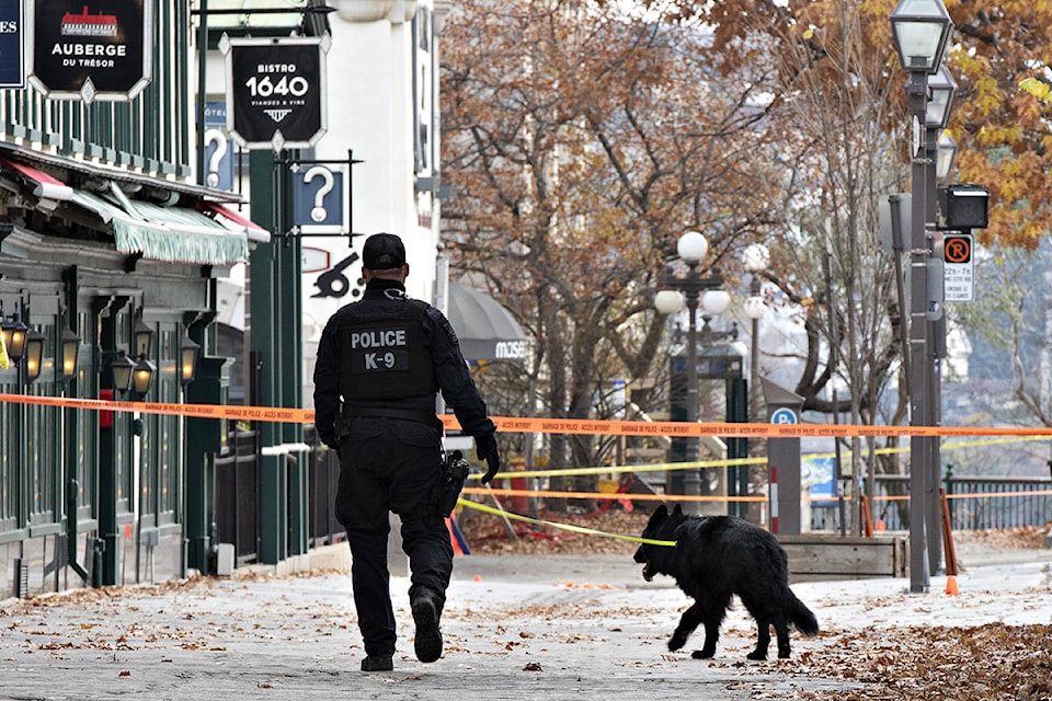 A K-9 unit police officer walks one of several sites of stabbings in Quebec City, Sunday, Nov. 1, 2020. THE CANADIAN PRESS/Jacques Boissinot