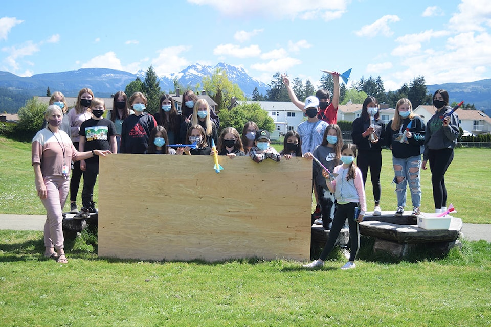Students at John Howitt Elementary School in Port Alberni gathered on Thursday, May 13 to launch their rockets, built entirely from recycled materials. (ELENA RARDON / ALBERNI VALLEY NEWS)
