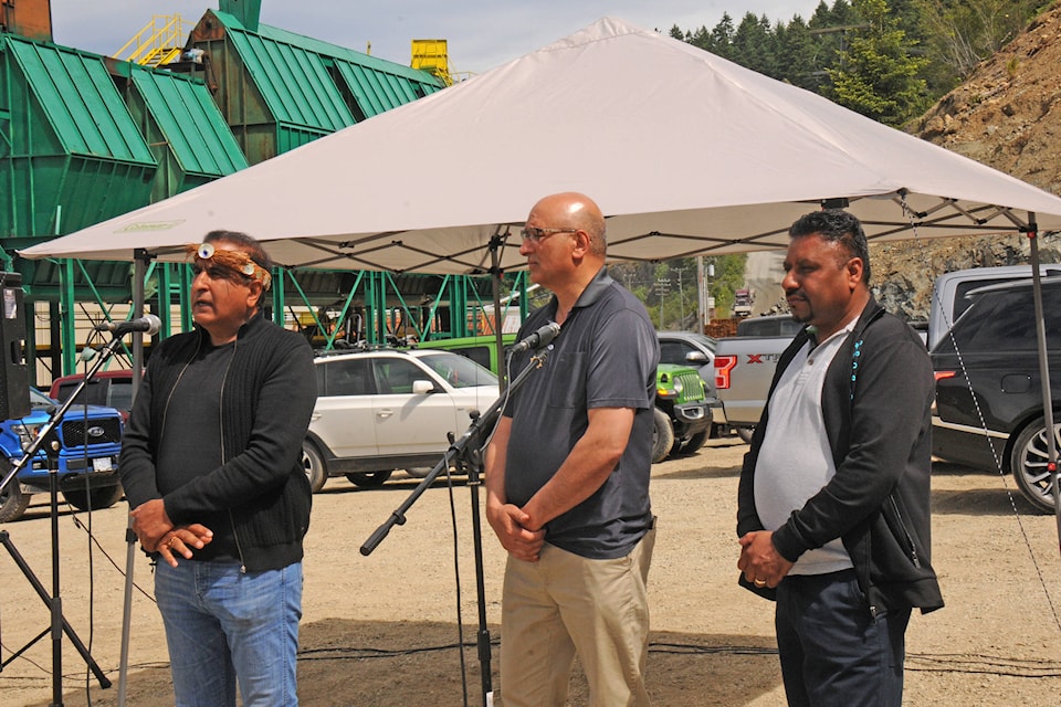 San Group owners Kamal Sanghera, left, Suki Sanghera and Paul Deol (from the Langley operation) announce $100 million in investments in their Port Alberni forestry operations on June 2, 2021. (SUSAN QUINN/ Alberni Valley News)