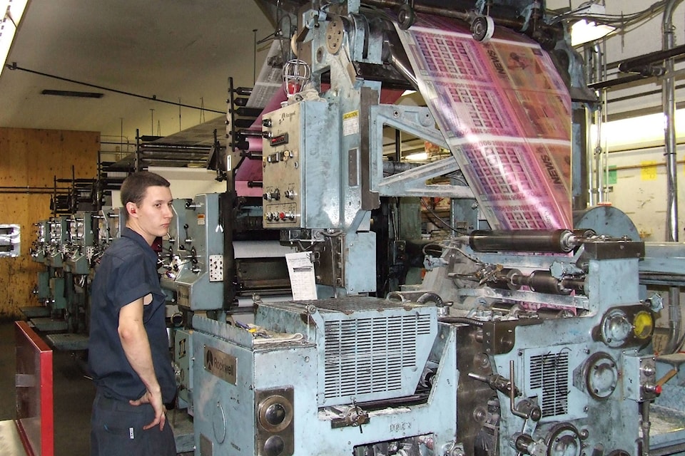 The very first issue of the Alberni Valley News rolls off the press at our Ladysmith Press plant in time for delivery on Aug. 25, 2006. We were a Friday paper at the time. (ALBERNI VALLEY NEWS FILE PHOTO)