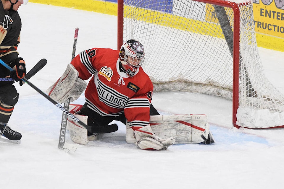 Bulldogs goaltender Hobie Hedquist makes a save with the toe of his pad during a Clippers powerplay opportunity on Nov. 6. (ELENA RARDON / ALBERNI VALLEY NEWS)