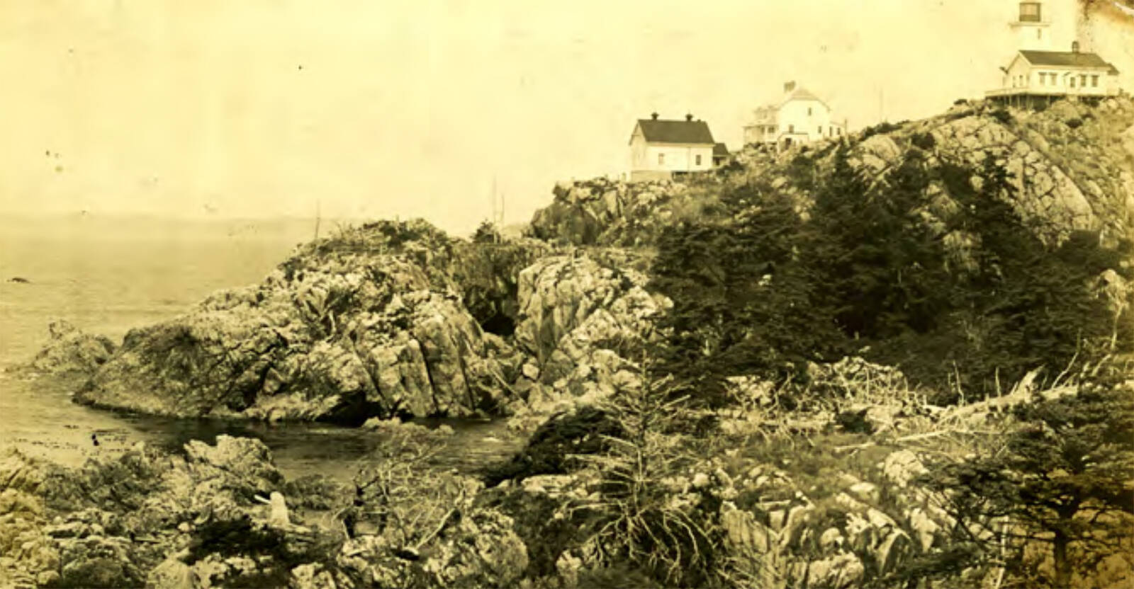 Cape Beale Lighthouse and Keepers House, as it would have looked when Minnie Paterson lived there. Photo Courtesy of Alberni Valley Museum Photograph Collection, PN00801