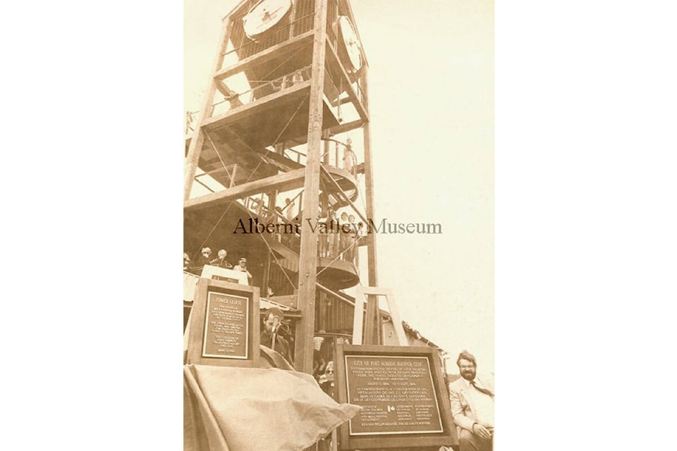 In this photo, circa 1984, people stand on various levels of the clock tower at Harbour Quay. The man at the right front is Rob Duncan, whose father—Fred Duncan—made a contribution through his estate for construction of the tower. As of February 2022, the tower is being renovated and transformed into a “story tower” with Tseshaht First Nation artwork. This photo is one of 24,000 contained in the Alberni Valley Museum’s digital archives at portalberni.pastperfectonline.com. (PHOTO PN17802 COURTESY ALBERNI VALLEY MUSEUM)