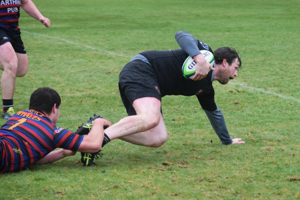 Jacob O’Riain of the Port Alberni Black Sheep picks up his third try of the game against the Castaway Wanderers on March 26, 2022. (ELENA RARDON / ALBERNI VALLEY NEWS)