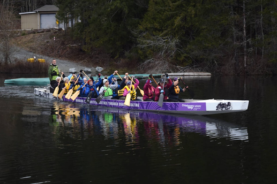 The Die Hard Dragons take to the water at Sproat Lake Landing during a practice session on Wednesday, April 6. (ELENA RARDON / ALBERNI VALLEY NEWS)