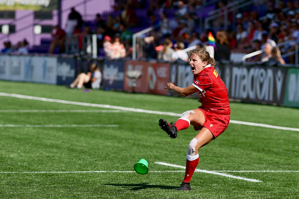 Brianna Miller kicks the conversion against Italy at Starlight Stadium on July 24. (Justin Samanski-Langille/News Staff)