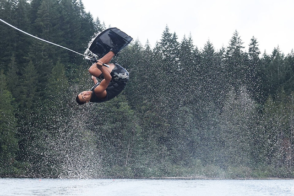 Jordan Smith get some air during men’s wakeboarding at the Wake Provincials at Sproat Lake on Saturday, Aug. 13. (ELENA RARDON / Alberni Valley News)