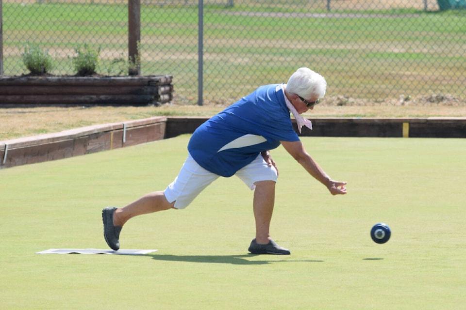 Lead Elaine Van Kooten of the Port Alberni Lawn Bowling Club competes in the bronze medal game on Aug. 21, 2022. (ELENA RARDON / ALBERNI VALLEY NEWS)