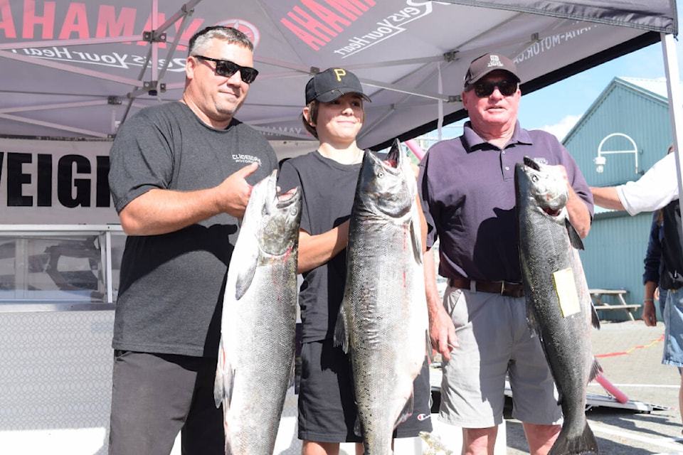 The 2022 salmon derby winners. From left to right: Scott Clydesdale, Justin McKay and Bob Matlock. (ELENA RARDON / ALBERNI VALLEY NEWS)