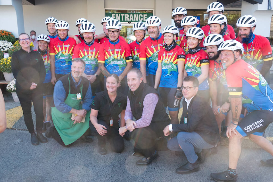 The Cops for Cancer Tour de Rock fundraiser cycling team stopped at Thrifty Foods in Parksville on Sept. 29. (Kevin Forsyth photo) The Cops for Cancer Tour de Rock fundraiser cycling team stopped at Thrifty Foods in Parksville on Sept. 29. (Kevin Forsyth photo)