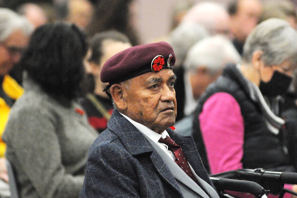 One of the Alberni Valley’s Indigenous veterans awaits the beginning of the Remembrance Day ceremony at Glenwood Centre on Nov. 11, 2022. (SUSAN QUINN/ Alberni Valley News)