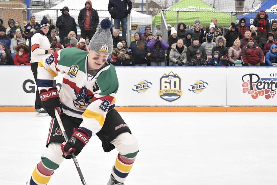 Alberni Valley Bulldog’s Ethan Bono makes an appearance during a skills event at the BC Hockey League all-star weekend in Penticton on Friday, Jan. 20, 2023. (LOGAN LOCKHART/ Black Press Media)