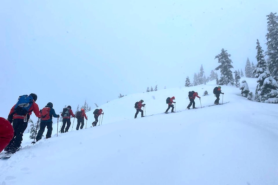 Volunteer search and rescue members from Alberni Valley and Comox Valley participate in avalanche rescue training in January 2023 in the Comox Valley. (PHOTO COURTESY AVRS)