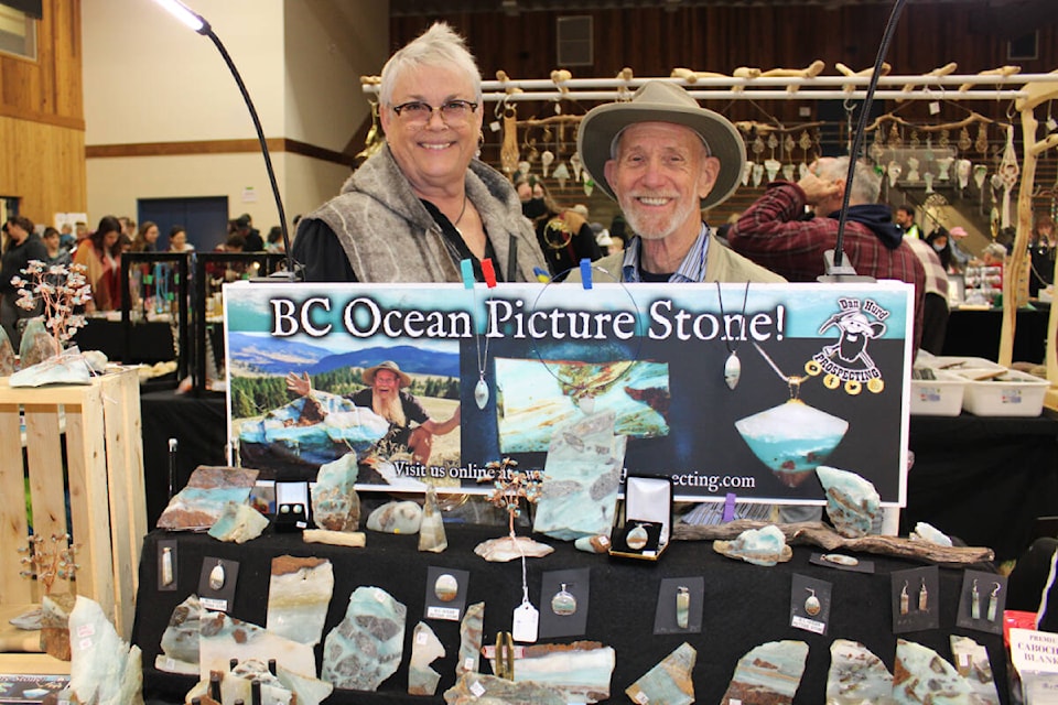 Leanne Reid and Doug Hurd of Courtenay and the d’Esterre Seniors Centre in Comox are at one of the vendors’ tables at the 65th annual Port Alberni Rock and Gem Show on March 12, 2023. (SONJA DRINKWATER/ Special to the AV News)