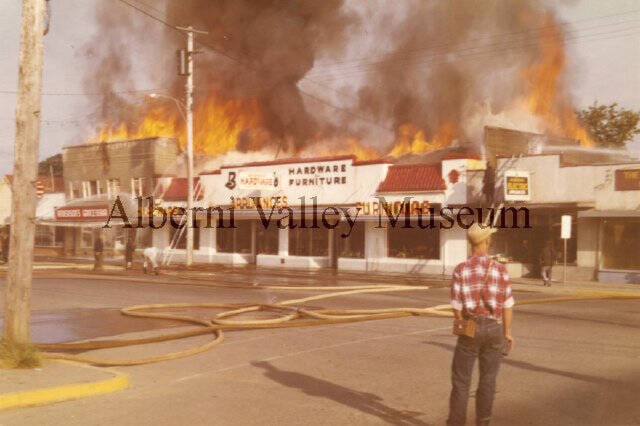 This photo from June 1958 shows Bronson’s Hardware burning on Johnston Road. This is one of 24,000 photos that can be found in the Alberni Valley Museum’s online photo archives at portalberni.pastperfectonline.com. (PHOTO PN13886 COURTESY ALBERNI VALLEY MUSEUM)