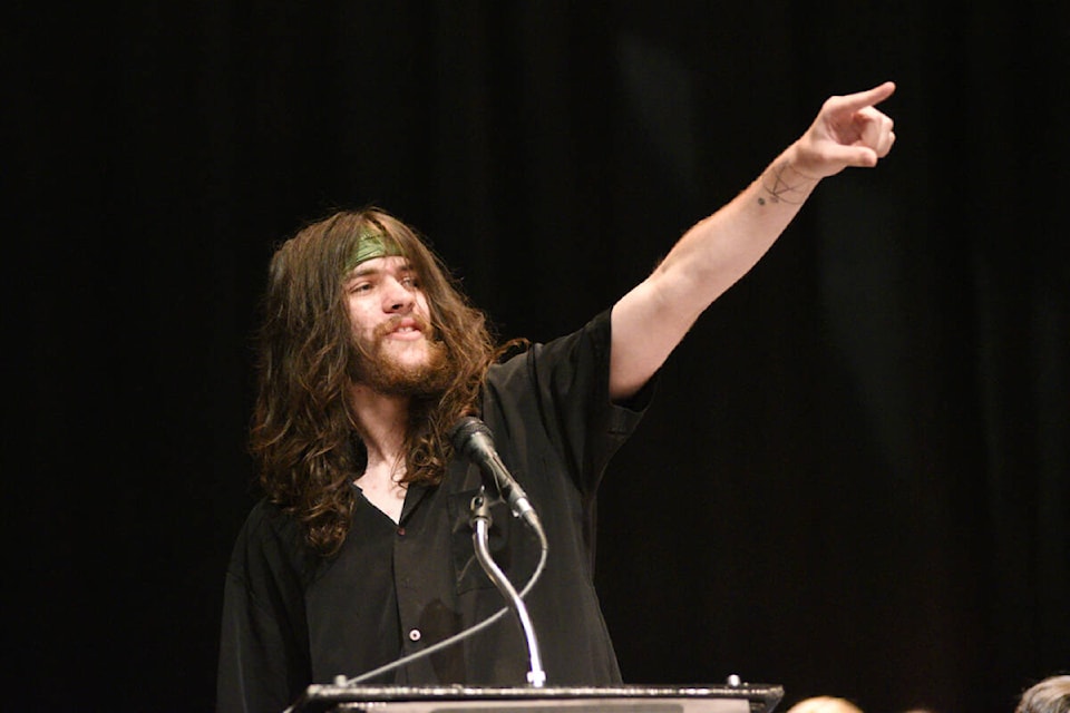 Rocco Clarke points to his fellow grads as he congratulates them on a great year, June 22, 2023 at the Eighth Avenue Learning Centre graduation ceremony. (SUSAN QUINN/ Alberni Valley News)