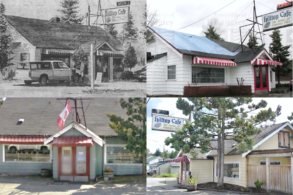 From top left: an artist's rendition of the original Hilltop printed in 2001; Township of 91ԭ photo in 2004; Google Maps image in 2009; current Hilltop building in 2024. (Kyler Emerson/Aldergrove Star)