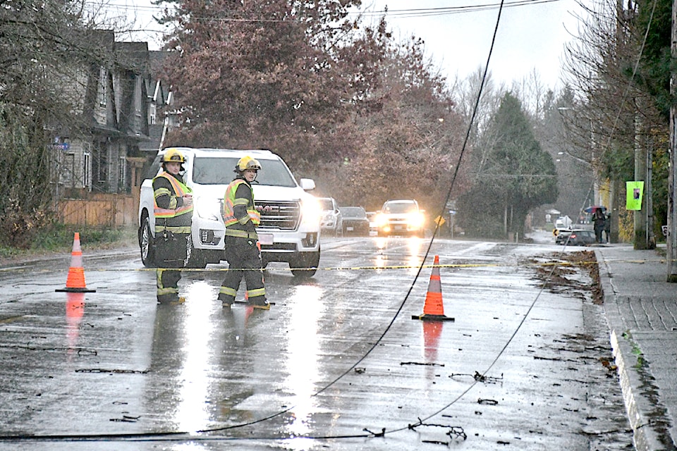 91ԭ Township firefighters responded to a fallen tree on power lines on Station Road in Aldergrove due to the wind storm Saturday, Dec. 14. (Kyler Emerson/Aldergrove Star)