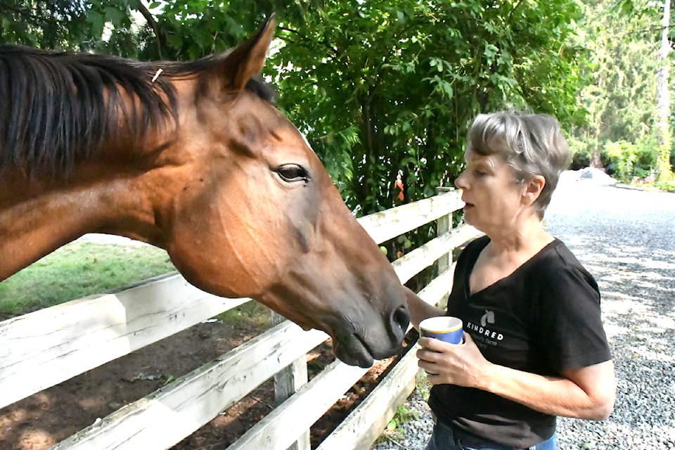 Keryn Denroche greets Secret, one of Kindred Farm Sanctuary's rescued horses. 