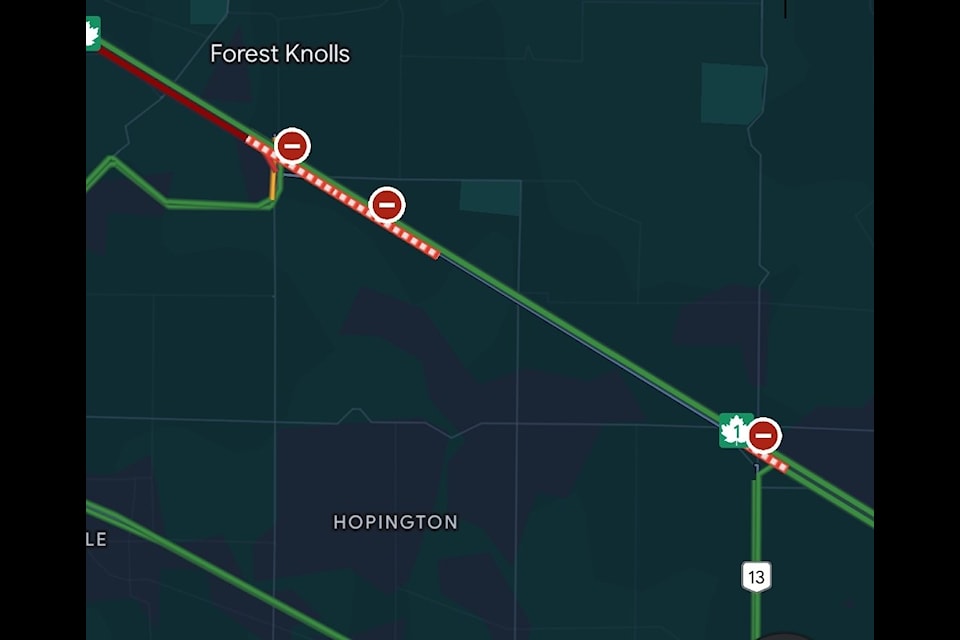 Traffic was rerouted off Highway 1 at the 232 Street interchange due to a multi-vehicle crash Saturday night, Nov. 30. 