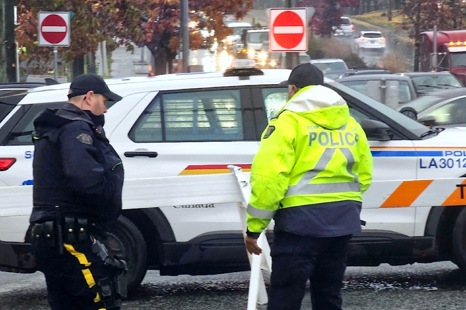 91ԭ RCMP are asking drivers to avoid the area of Fraser Highway and 264 Street as it investigates a collision involving a pedestrian Monday morning, Nov. 4. (Dan Ferguson/Black Press Media)