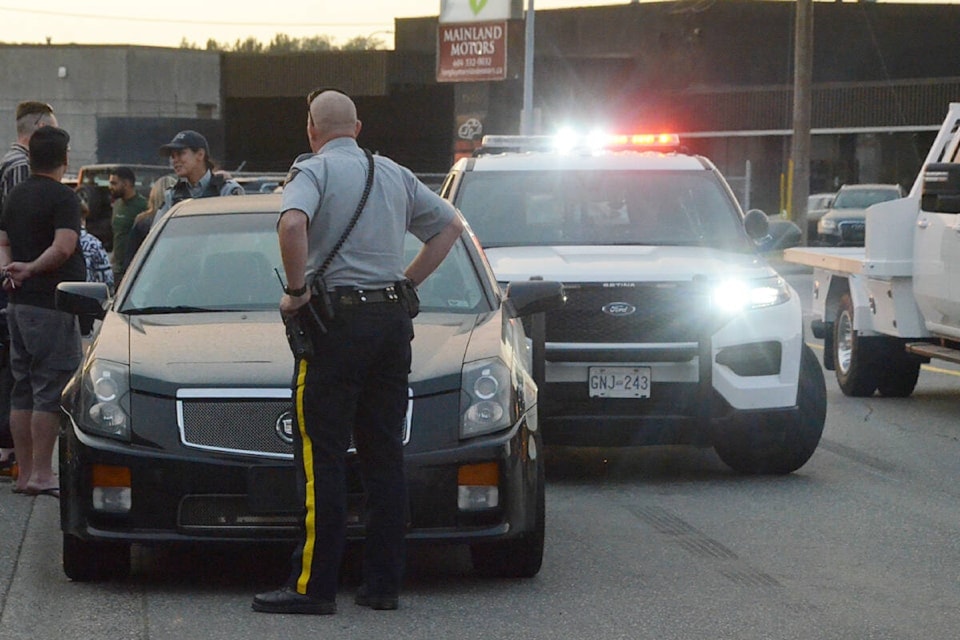 91ԭ RCMP pulled over a car on Industrial Avenue on the night before the 91ԭ Good Times Cruise-In in 2022. Unsanctioned burnouts and stunting have been condemned by Cruise-In organizers.