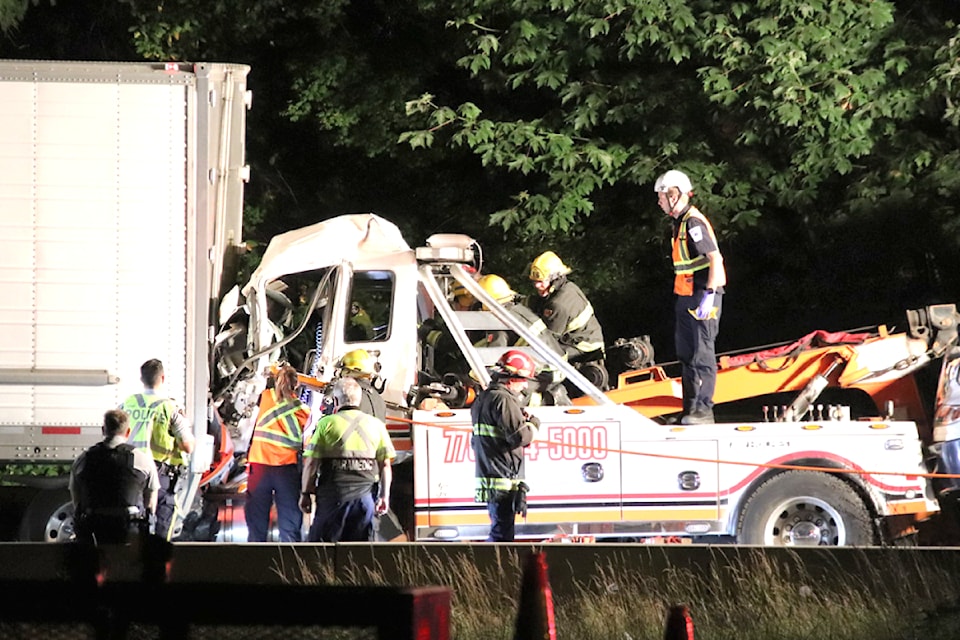 A crash late Friday night, Sept. 6, left one dead and one with serious injuries who was airlifted to hospital. (Shane MacKichan/Special to Black Press Media)