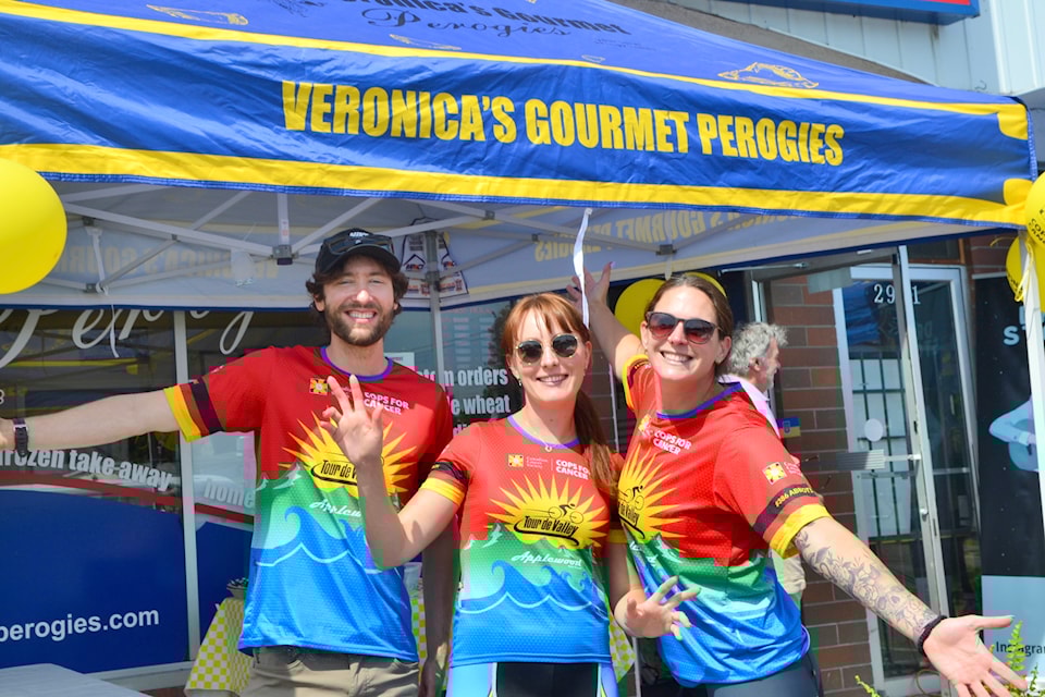 Chris Allen, Alyssa Bunz, and Chantelle Biagioni (from left to right) were fundraisers for Cops for Cancer at Veronica's Gourmet Perogies in Aldergrove on Aug. 9. 