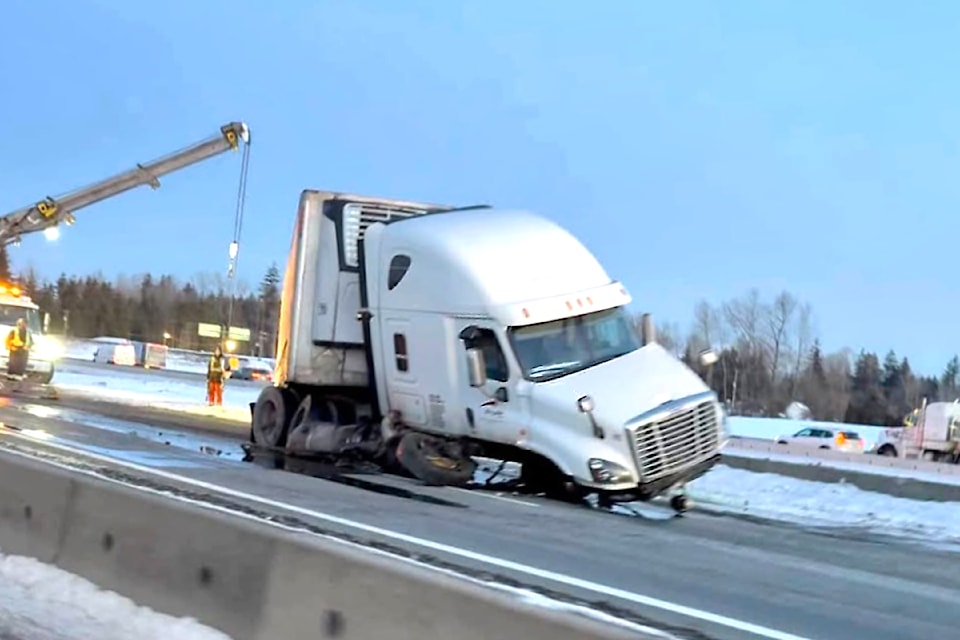 A single semi-truck crash has the eastbound lanes blocked on Highway 1 Friday morning, Feb. 7. (Nathan Robert Pavan/Special to The Star)