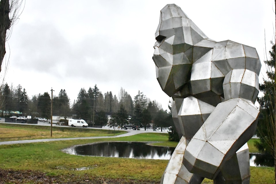 Aldergrove resident Dan Owens put his metal Sasquatch on display in the front yard of his private property for locals to enjoy. (Kyler Emerson/Aldergrove Star)
