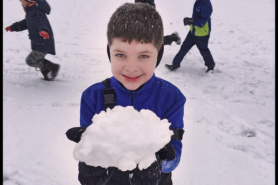 Shortreed Elementary’s Grade 1 student Nathan Guilherme enjoyed a day at school, both inside and outside in knee-deep snow with classmates this week. (Submitted photo)