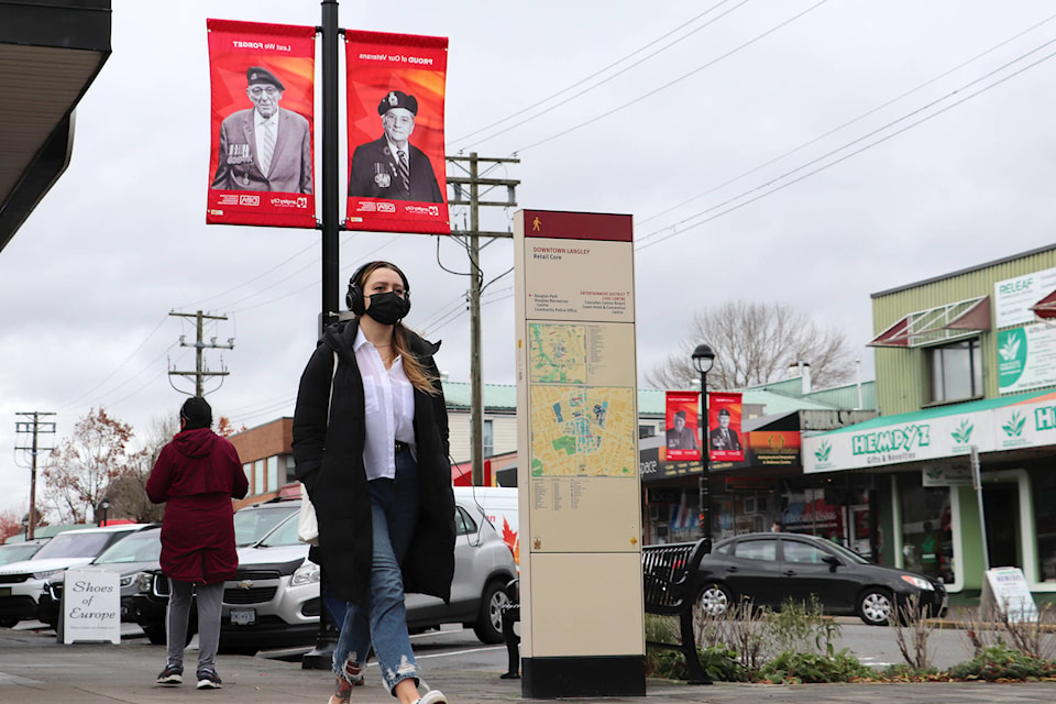 The Downtown Langley Business Association honours veterans by displaying images of those who served ahead of Remembrance Day each year. (Joti Grewal/Langley Advance Times)