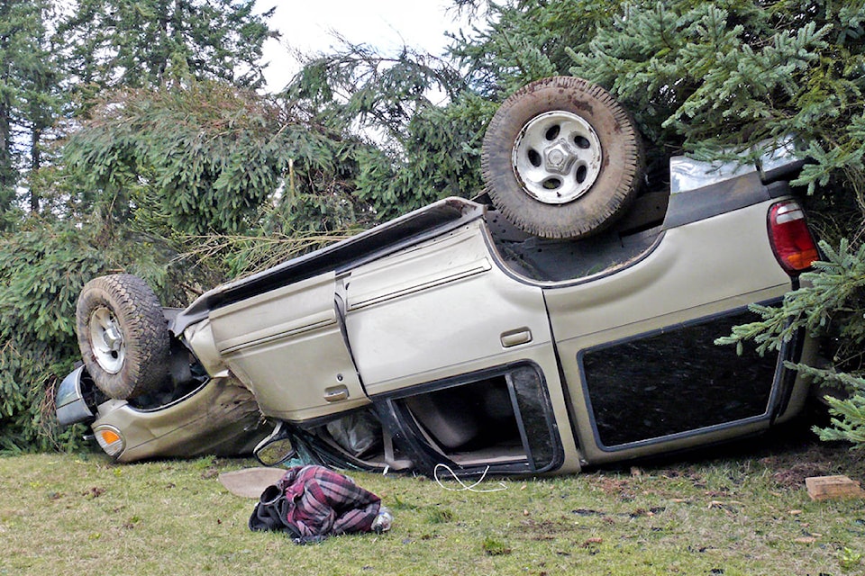 A vehicle went off the road and hit a tree in the 5000-block of 236th Street around 11:30 a.m. on Tuesday, March, 30 (Dan Ferguson/Langley Advance Times)