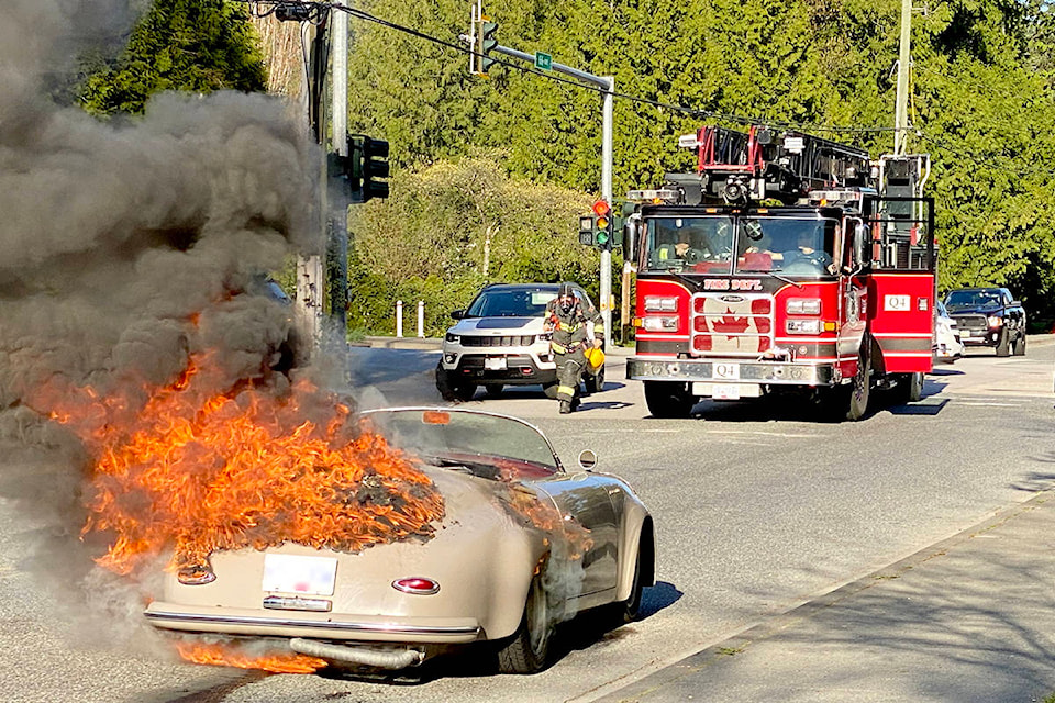 A classic Porsche Speedster replica caught fire on a Langley road around 6 p.m. on Saturday, April 17, 2021. (Darren Carlson/Special to Langley Advance Times)