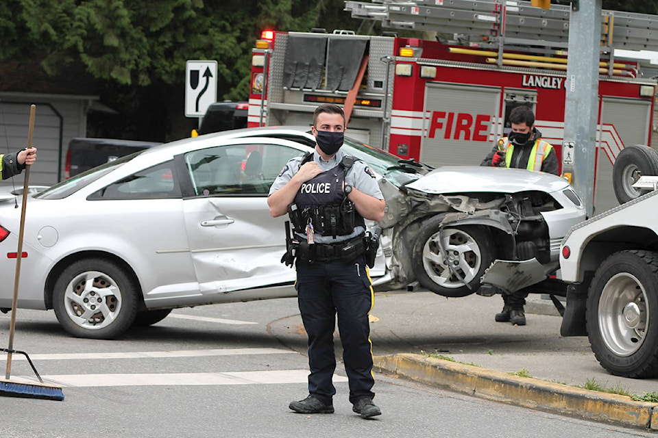 RCMP were called to collision in the area of 200th Street and 44th Avenue on Tuesday, May 4, 2021 around 4:30 p.m. (Anngela Bayer/Special to Langley Advance Times)