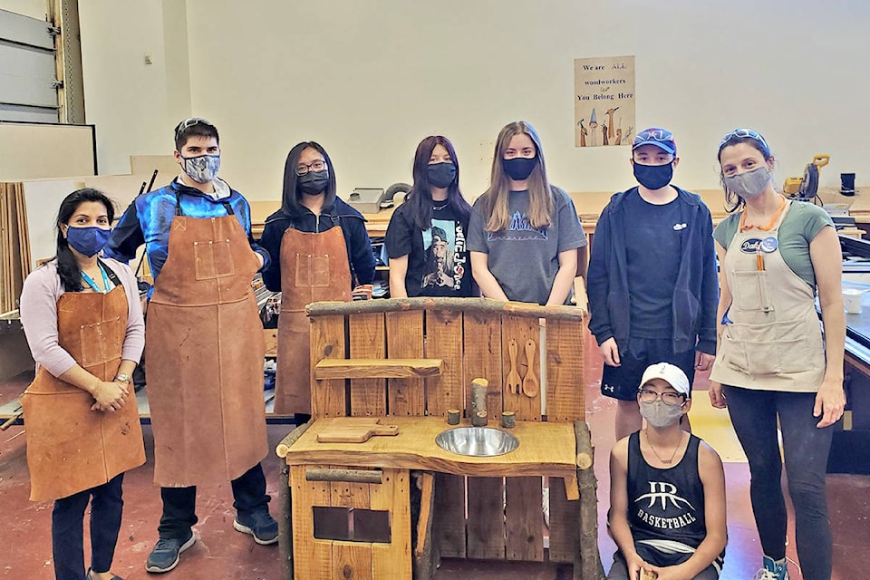 When they heard about the vandalism at the outdoor school in Williams Park, students at R.E.Mountain school created a replacement for the outdoor mud kitchen. Because of continuing thefts and vandalism at the outdoor school, the play kitchen is being stored indoors after hours. (Special to Langley Advance Times)