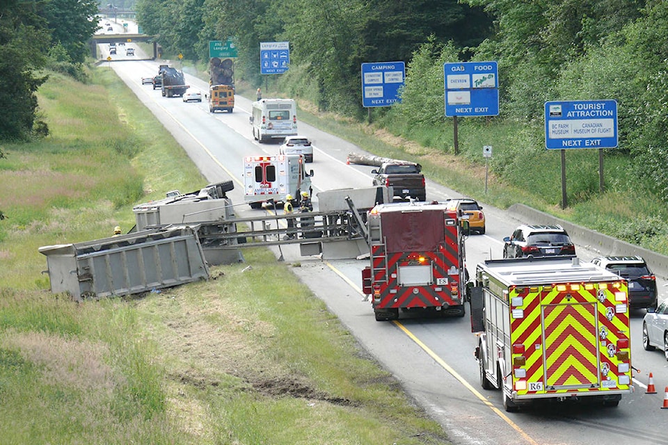 Emergency crews attended a crash scene on the Trans Canada Highway in Langley. (Dan Ferguson/Langley Advance Times)