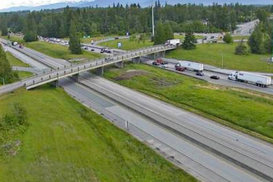 A crash near Glover Road has eastbound traffic blocked on Highway 1. (DriveBC webcam)