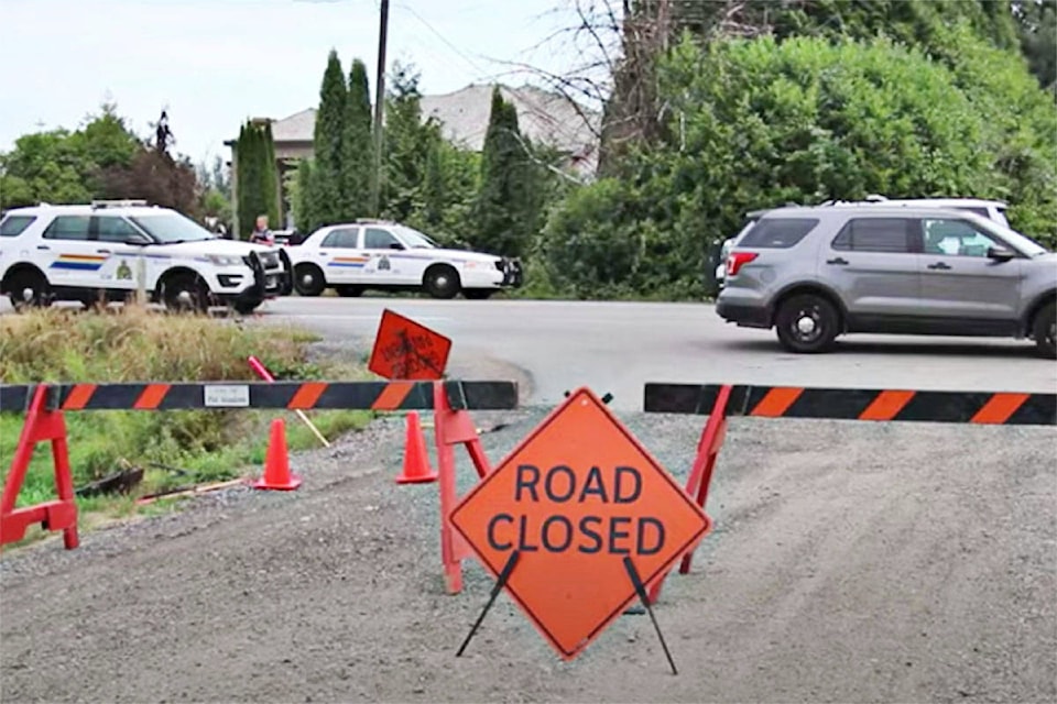 The discovery of a body drew a large police presence in Pitt Meadows on Aug. 15, 2021. (Shane MacKichan/Special to The News)