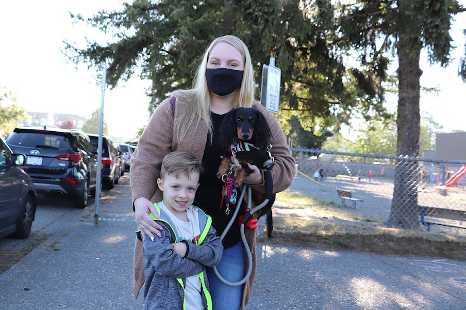 It was first school experience for mom Shelby Dingwall, who sent her son Kingston off to kindergarten at Nicomekl Elementary on Sept. 7, 2021. (Joti Grewal/Langley Advance Times)