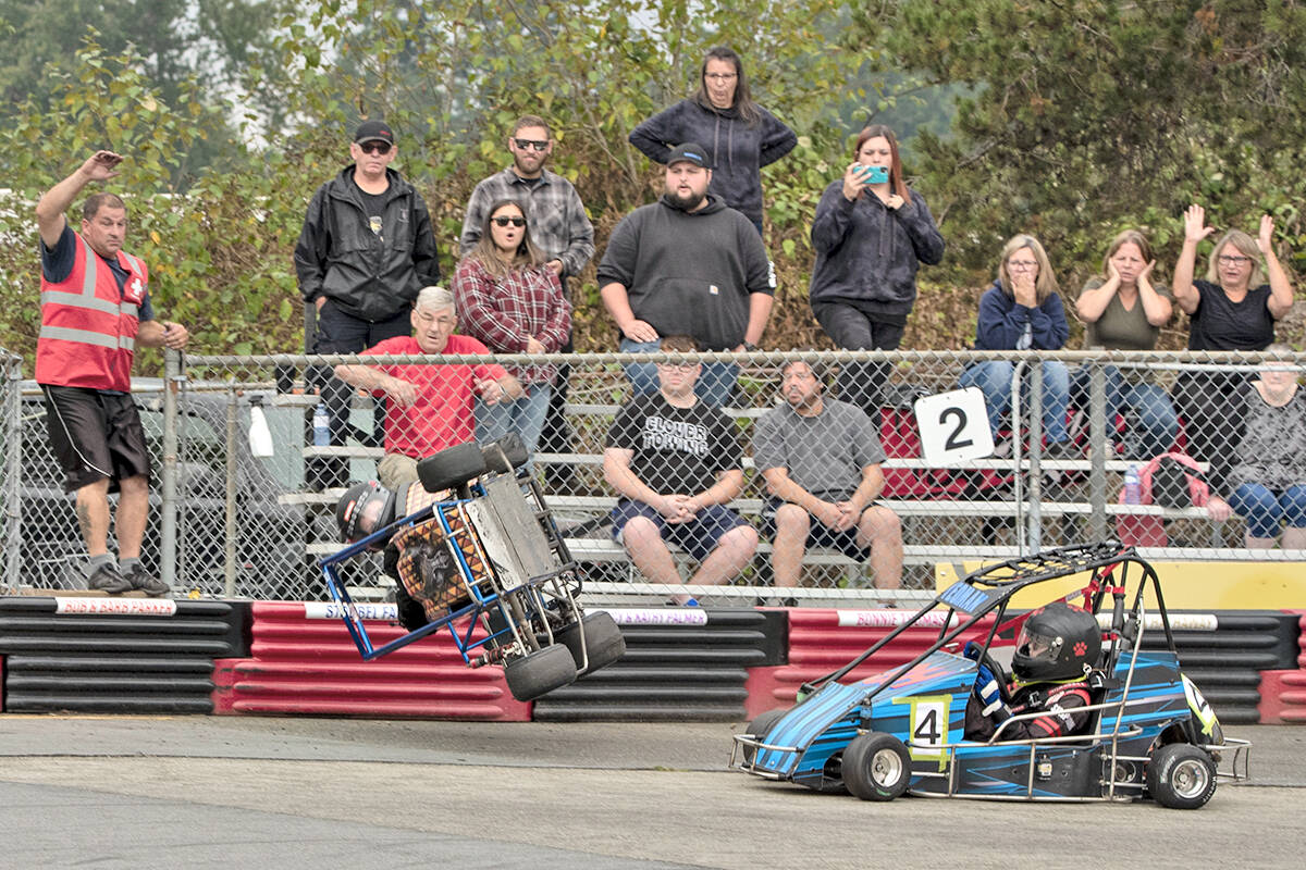 Chilliwack racer Dennis Ringrose escaped injury despite going airborne during a race at the Langley Quarter Midget Association (LQMA) on Sunday, Sept. 5. (William Snow/special to Langley Advance Times)